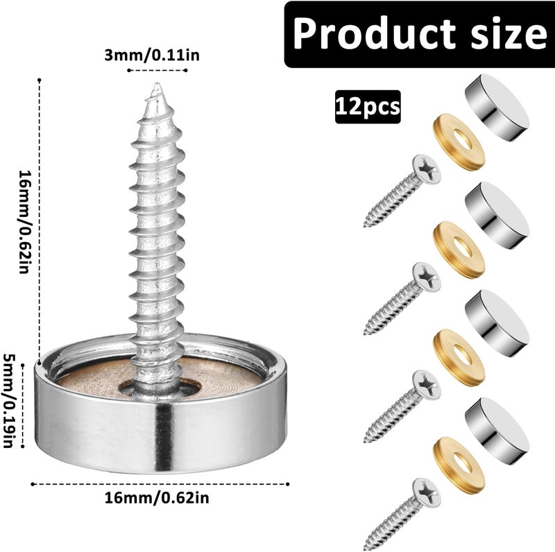 Eldraqth 12 Pack Stainless Steel Screw Cover Cap, Decorative Mirror Screws with Caps 0.63"/16mm Diameter Mirror Screw Cap Silver Mirrors Screws Fasteners for Furniture, Signage, Sign Advertising Hardware - Image 2